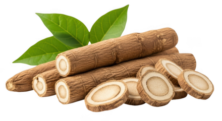 Dried licorice root pieces and leaves isolated on transparent background