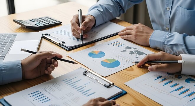 Business meeting financial analysis data review teamwork collaboration discussion plan