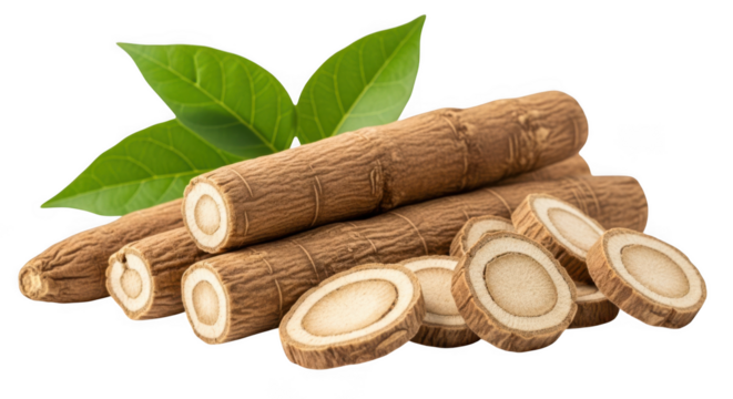 Dried licorice root pieces and leaves isolated on transparent background