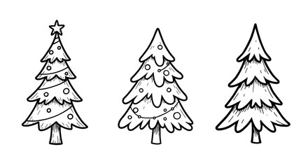 Obraz premium Outline Set of 3 Christmas Trees in Doodle Style on White Background 