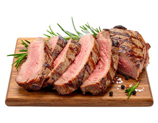 Fototapeta premium Sliced Grilled Meat on Wooden Cutting Board with Smoke Effect, Isolated on White PNG
