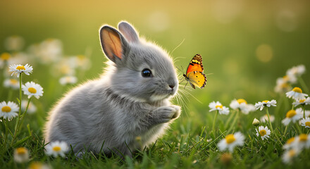 Fototapeta premium Cute bunny with bright butterfly lands gently in a sunny meadow filled with daisies springtime beauty