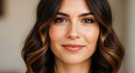 Naklejka premium Close-up portrait of a beautiful young woman with brown hair and a gentle smile, exuding natural beauty and confidence.