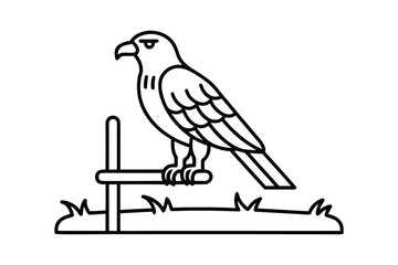 Majestic Bird of Prey Perched on a Stand in Simple Black and White Outline Drawing on White