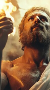 Prometheus flame holder: legendary titan, bright blaze, sacred heat, mythic hero, eternal fire, divine force, ancient story, radiant power, glowing hand, symbolic act, celestial light, daring gift