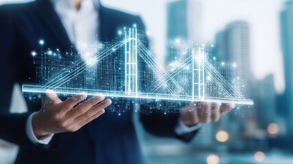 Engineer civil analysis Concept. Businessman holding a digital bridge model against a city skyline backdrop.
