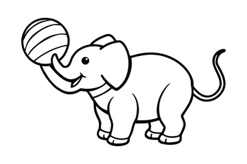 Delightful Cartoon Elephant Balancing a Striped Ball with Trunk in Black and White Line Art for Coloring Pages