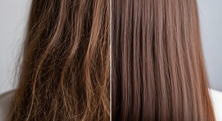Before and after close-up of a woman's brown hair, transformed from dry, damaged, and frizzy to smooth, healthy, and shiny.