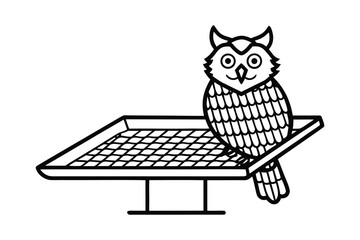 Stylized Owl Perched on a Grid Table Black and White Illustration for Children's Book or Coloring Page