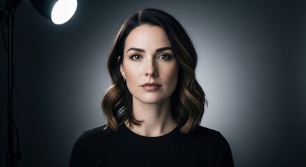 Naklejka premium Confident woman in a studio portrait, illuminated by a bright spotlight, showcasing beauty, elegance, and a sense of determination against a dark backdrop.