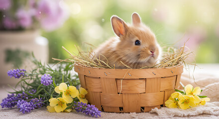 Obraz premium Adorable baby bunny snuggles in a basket with spring flowers, a perfect Easter celebration image