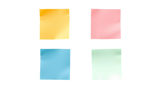 Photograph of Four Small Square Sticky Notes in 2x2 Grid Layout – Isolated on Transparent Background