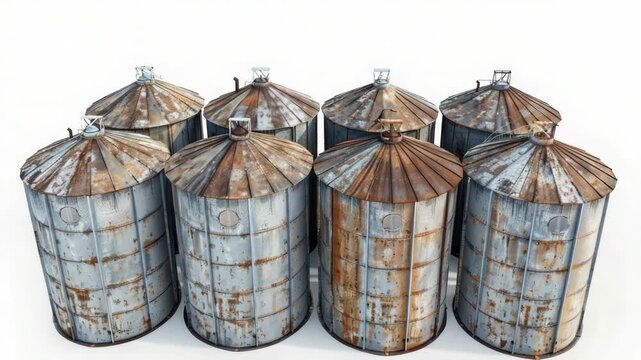 Row of metal silos with industrial background, suitable for urban or agriculture themes