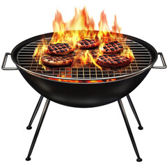 Delicious grilled hamburgers cooking on a hot barbecue grill with bright flames