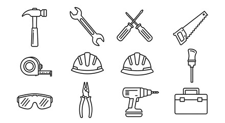 Obraz premium Vector icon set of construction and repair tools. Minimalist outline illustrations for building, DIY, and manual labor projects.