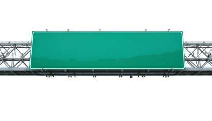 Empty Large Emerald-Green Rectangular Highway Sign on Light Gray Metal Support – Isolated on Transparent Background