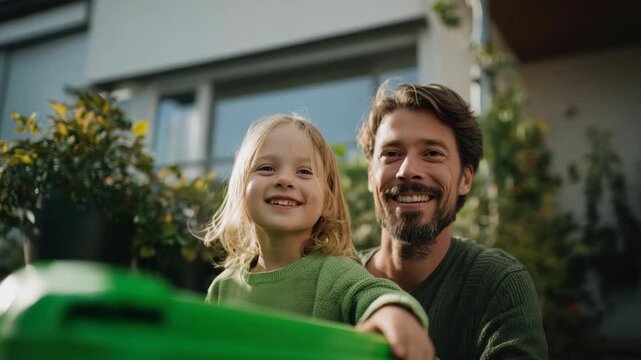 A father and child both smiling look happily towards a green recycling bin symbolizing environmental responsibility and family values
