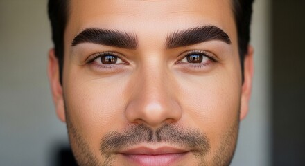 Obraz premium Close-up portrait of a handsome man with perfectly groomed eyebrows and a subtle smile, showcasing clear skin and a friendly expression.