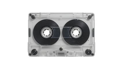 Clear Plastic Cassette Tape with Black Magnetic Reels – Vintage Audio Media Photo on Transparent Background