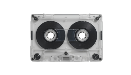 Clear Plastic Cassette Tape with Black Magnetic Reels – Vintage Audio Media Photo on Transparent Background