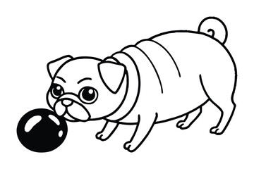 A Charming Cartoon Pug Gleefully Plays with a Black Ball Expressing Joy and Playfulness in a Simple yet Engaging Design