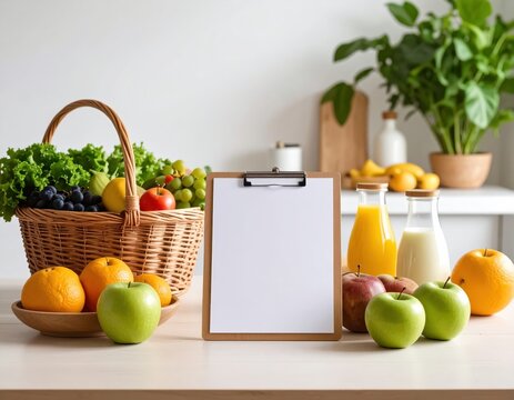 there is a clipboard with a clipboard on it next to a basket of fruit