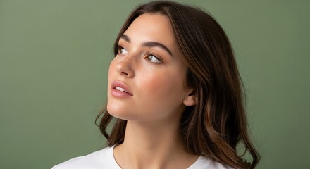 Portrait of a beautiful young woman with freckles and brown hair looking up in a studio setting, symbolizing natural beauty, skincare, and thoughtful expression.