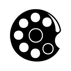 A simple black and white illustration of a circular film reel with seven white circles and one outer circle removed