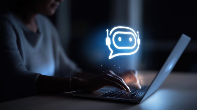 AI Chat Assistant in Use – Person Working on Laptop with Floating Glowing Chatbot Icon, Concept of Smart Virtual Support, Productivity, and Artificial Intelligence Tools in Modern Workspaces