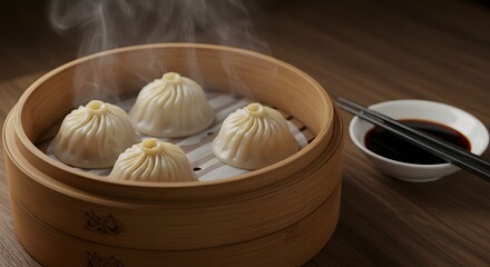 Steaming xiaolongbao dumplings served fresh in bamboo steamer - Chinese food