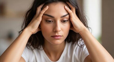 Obraz premium A concerned young woman with her hands on her head, looking down with a worried expression, indoors, considering problems.