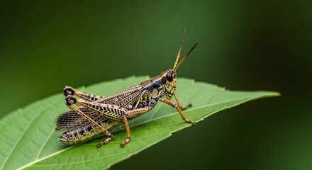 Detailed Macro Photograph of Grasshopper on Leaf - A detailed macro photograph of a grasshopper on a green leaf, symbolizing nature, detail, insects, wildlife, and macro