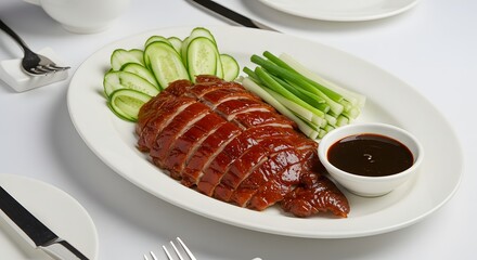 Glazed Peking duck decorated with cucumber, spring onions, and hoisin sauce - Chinese food