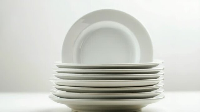 A stack of white plates sits on top of a table, perfect for various uses such as meal preparation or serving