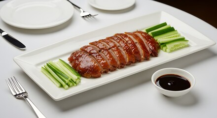 Peking duck dish with vegetables and dark dipping sauce - Chinese food