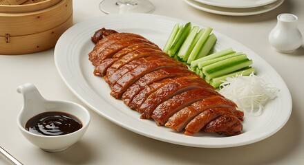 Sliced Peking duck with dipping sauce and fresh vegetables on the side - Chinese food