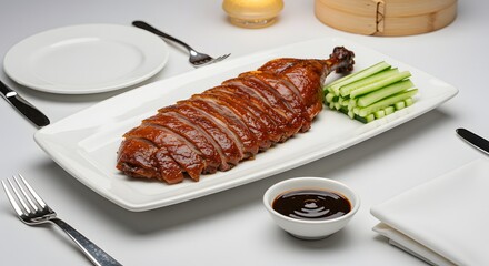 Sliced Peking duck served with hoisin sauce and vegetables - Chinese food