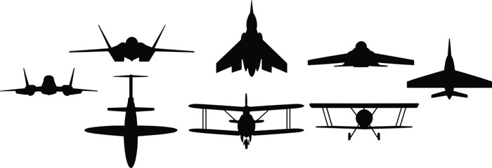 Front View Military Aircraft Silhouettes – Fighter Jets, Propeller Planes, Stealth Designs, Classic and Modern Aviation Icons in Vector Style