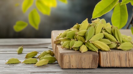 A close-up shot of a handful of vibrant green cardamom pods scattered on a rustic wooden table