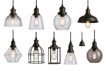 Obraz premium Collection of Diverse Industrial Style Pendant Lights Featuring Glass and Metal Fixtures with Exposed Bulbs