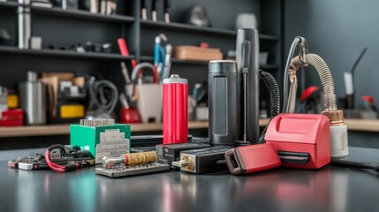 Fototapeta premium A close-up of various types of batteries, such as lithium, alkaline, and rechargeable