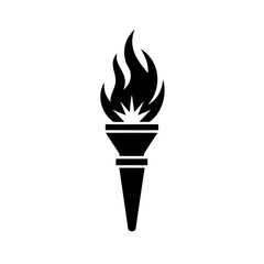 A black silhouette of a torch with a bright flame burning at the top representing light and progress