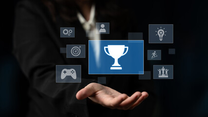 Achievement and success concept representing goal accomplishment, motivation, performance, competition, and excellence in business and personal growth Latch