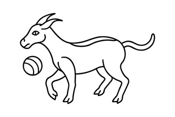 Stylized Depiction of a Four Legged Animal with Curved Horns, Alongside a Ball, Black Outline on White Background