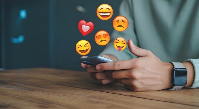 Emojis in digital world: A modern digital connection, with emojis floating above a device as hands engage with the interface, symbolizing the language of feelings in modern interaction.