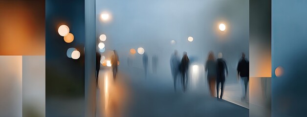 Victorian figures wander a peaceful square, lit by warm street lamps amid cool tones and historic architecture