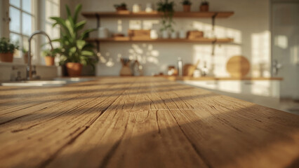 Rustic Wooden Kitchen Countertop with Sunlight and Plants natural