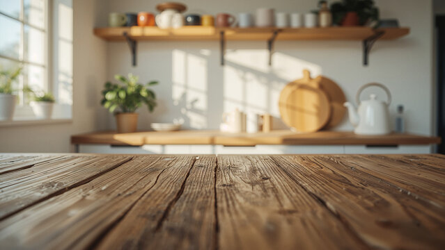 Rustic Wooden Table in a Bright Kitchen with Shelves of Mugs and Plants interior - Powered by Adobe