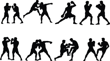 Martial arts silhouette set featuring grappling, punching, and kicking stances, ideal for combat sports concepts, self-defense training visuals