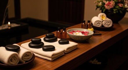 Spa counter with stones, towels, and flowers